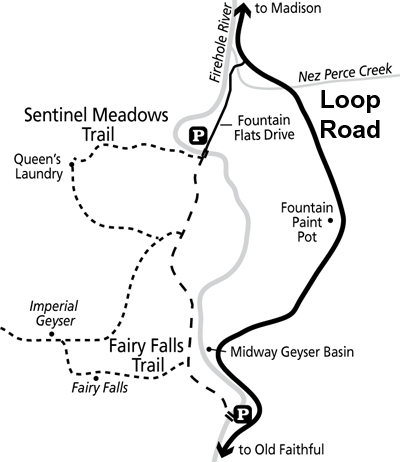 Fairy Falls, Imperial Geyser, Queen's Laundry Trail Map - NPS Image