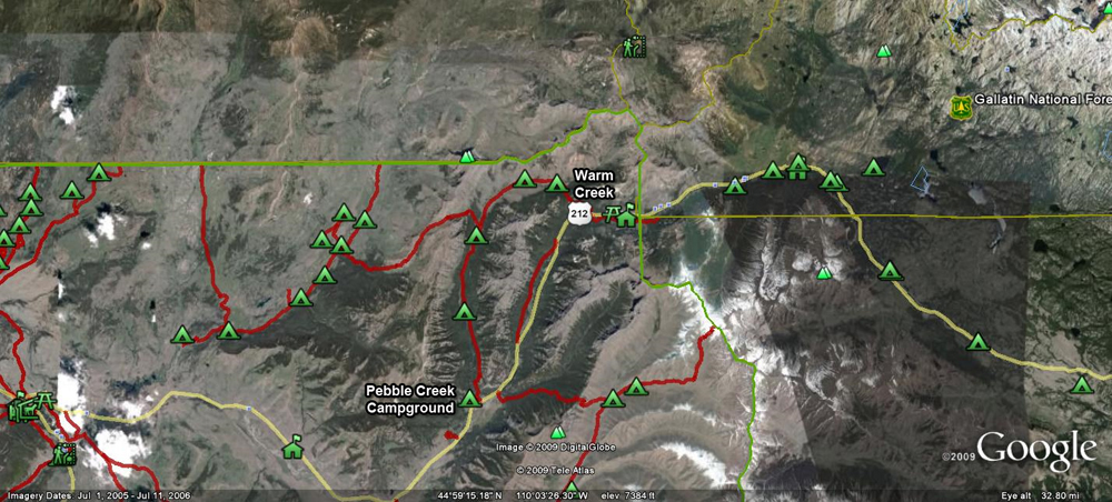 Pebble Creek Satellite Map by GoogleEarth - Yellowstone National Park