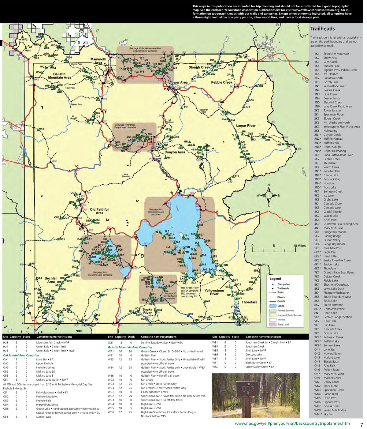 Backcountry Campsite Map of Yellowstone National Park