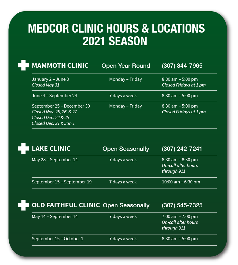 Yellowstone National Park 2019 Clinic Opening, Closing and Hours ~ Medcor Image