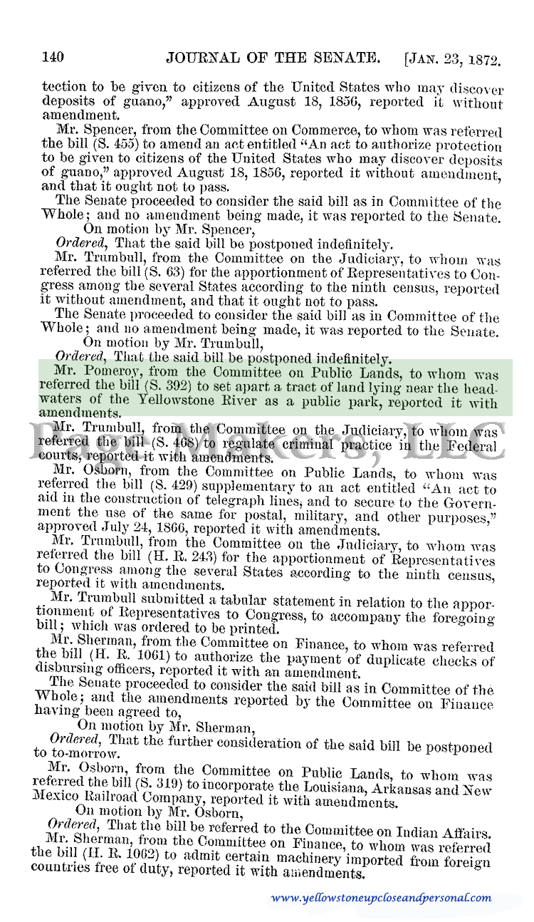 Yellowstone Congressional History - Senate Bill S. 392 Reported with Amendments - January 23, 1872