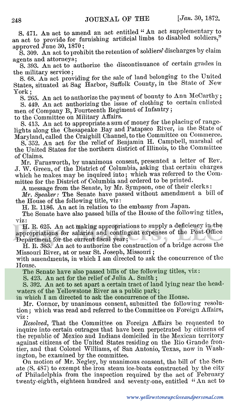 Yellowstone Congressional History - Senate Bill S. 392 Passed ask the Concurrence of the House - January 30, 1872