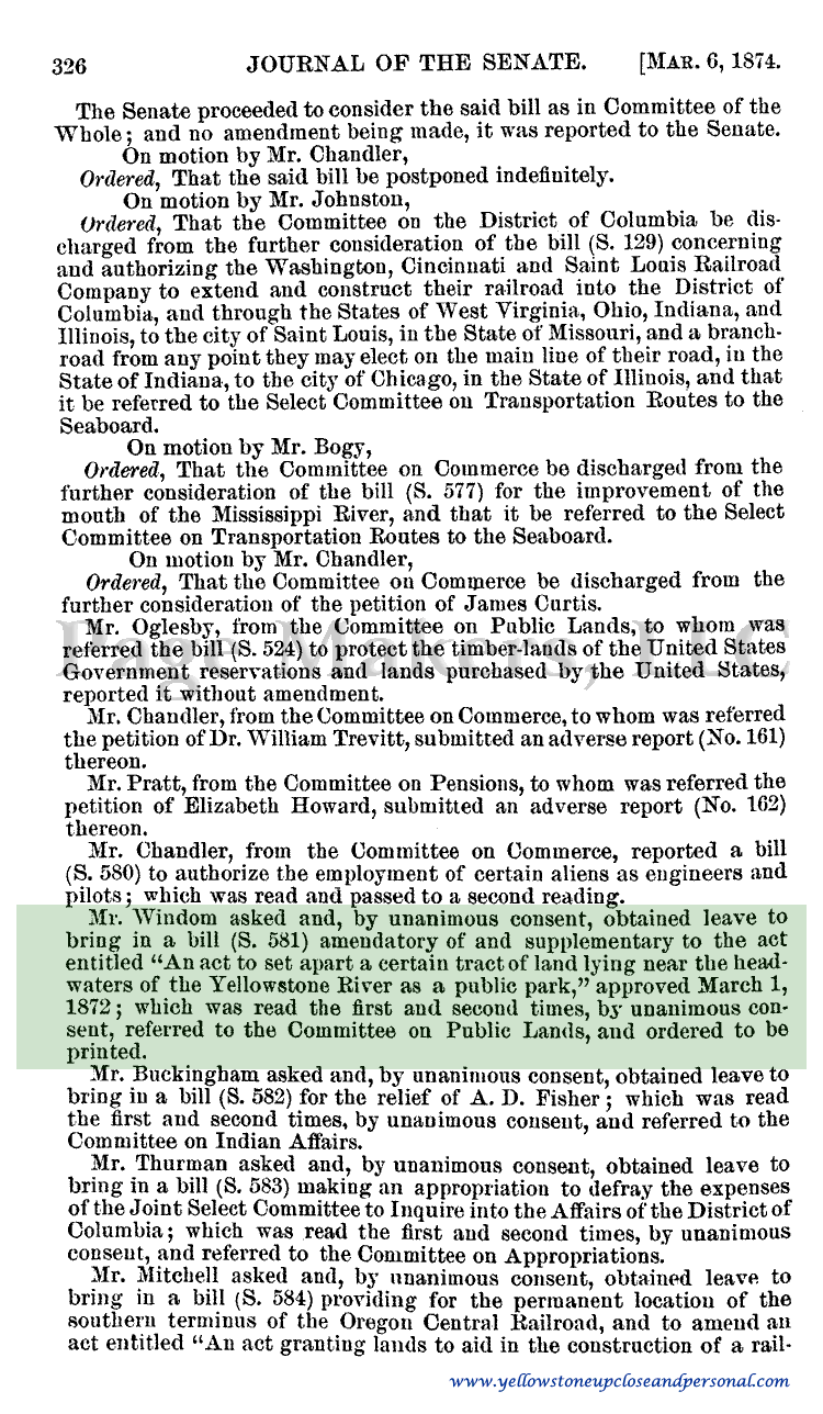 Yellowstone Congressional History - Senate Bill S. 581 to Amend and Supplement S. 392 - March 6, 1874