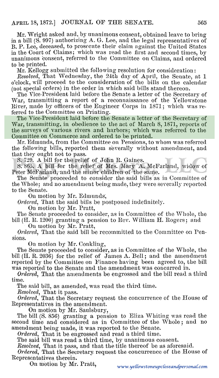 Yellowstone Congressional History - Printing of the Reconnaissance of the Yellowstone River - April 18, 1872