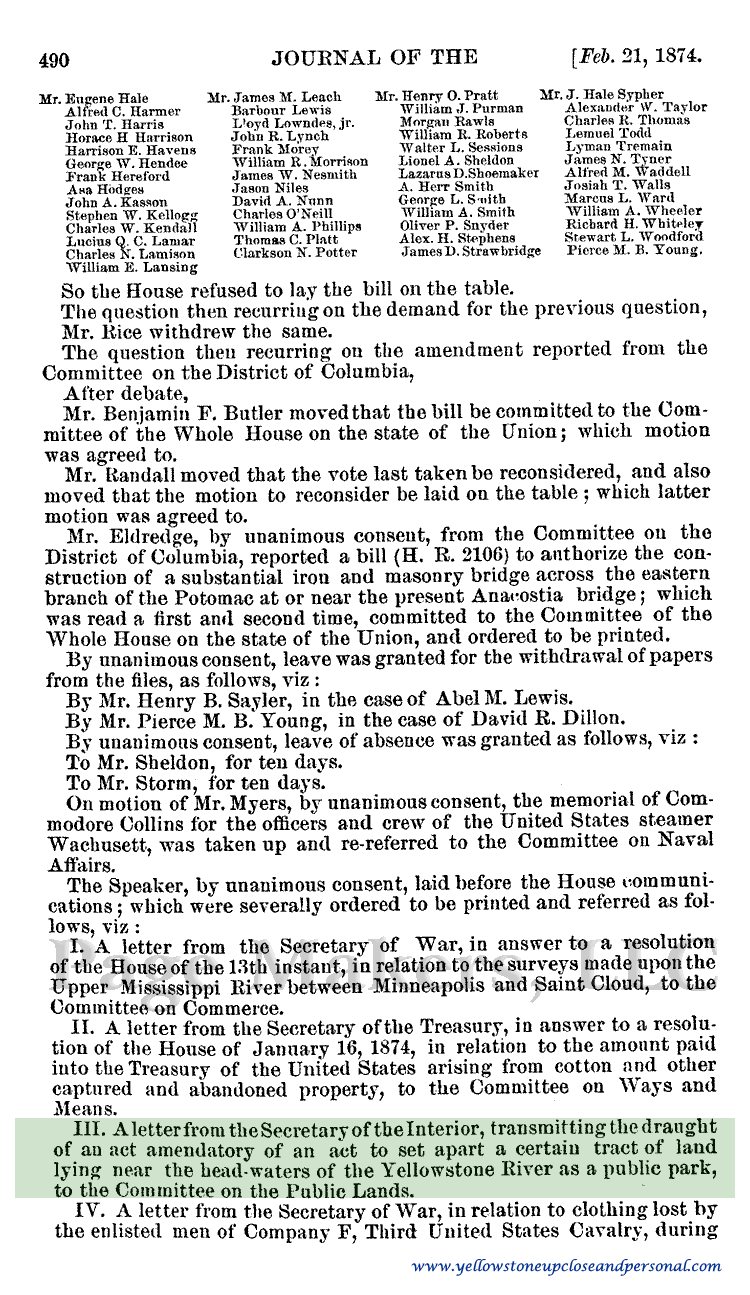 Yellowstone Congressional History - Secretary of Interior Amendment Recommendation on Yellowstone - February 21, 1874