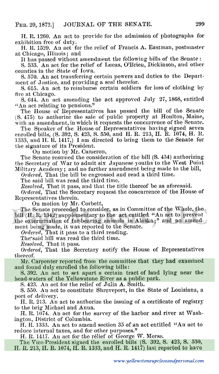 Yellowstone Congressional History - Senate Bill S.392 Duly Enrolled Sign by Vice President - February 29, 1872