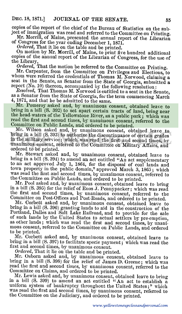 Yellowstone National Park Congressional History - Senate Bill S. 392 Proposed to Establish Yellowstone National Park - December 18, 1871