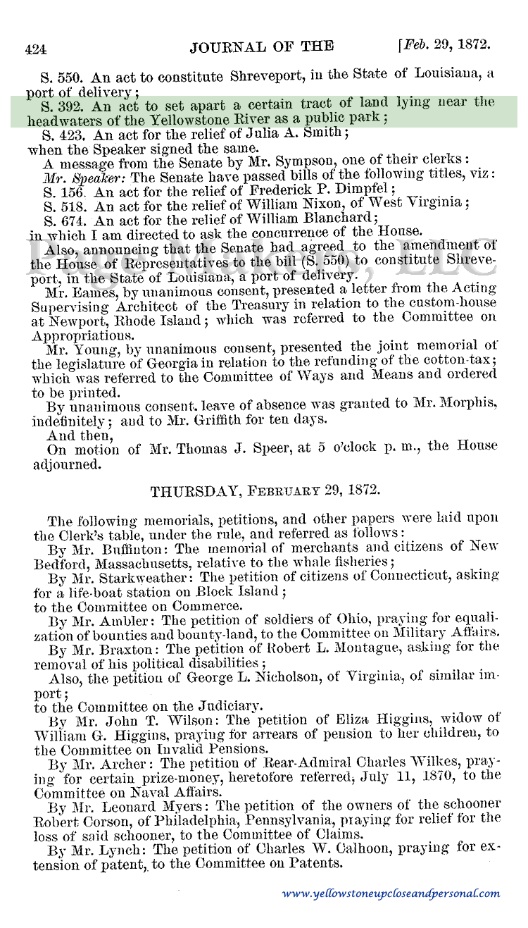 Yellowstone Congressional History - Senate Bill S. 392 Truly Enrolled and Signed by the Speaker - February 28, 1872