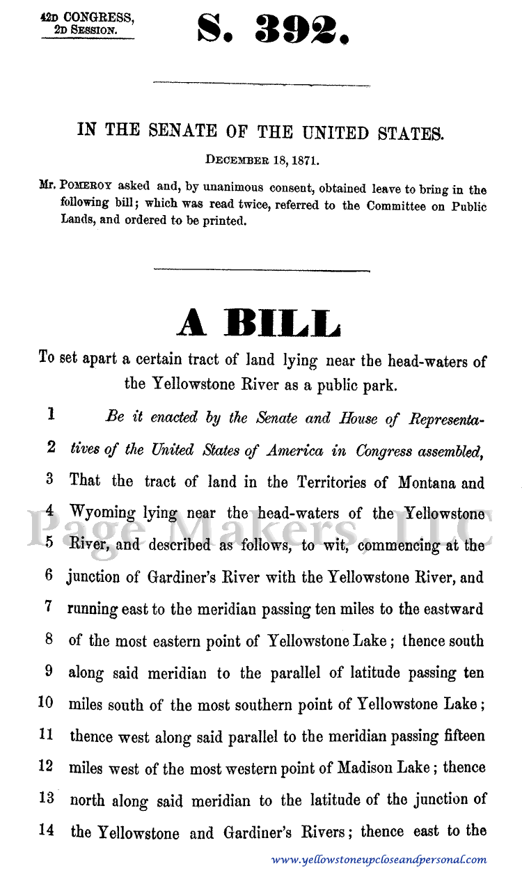 Yellowstone National Park Congressional History - Senate Bill S. 392 to Establish Yellowstone National Park - December 18, 1871 - Page One