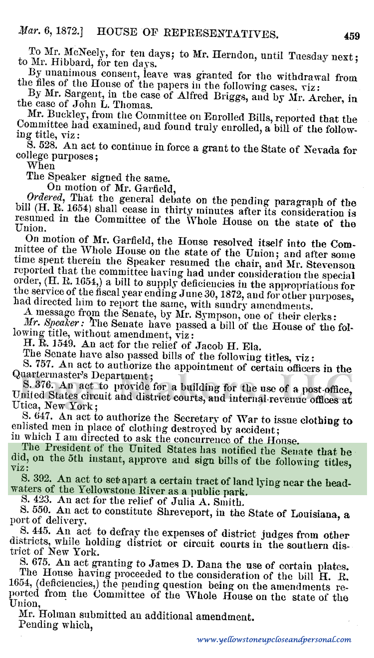 Yellowstone Congressional History - President Notifies the Senate that he Appproved and Signed Senate Bill S. 392 - March 6, 1872