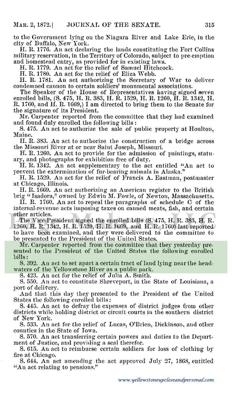 Yellowstone Congressional History - Senate Bill S.392 was Presented to the President for his Signature - March 01, 1872