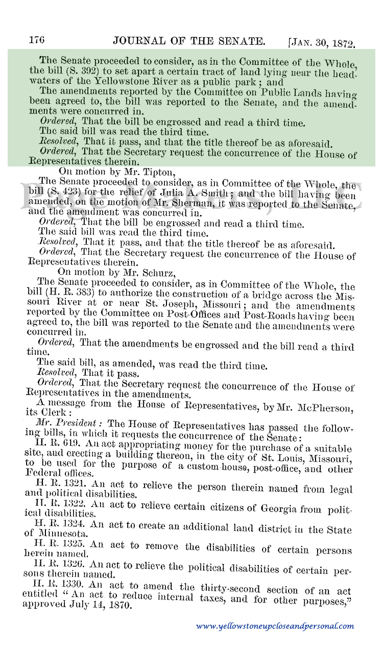 Yellowstone Congressional History - Senate Bill S. 392 Considered with Amendments - January 30, 1872