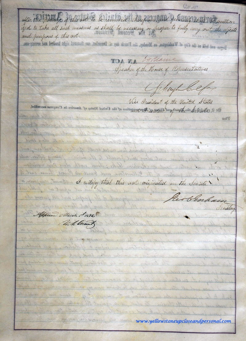 Yellowstone Congressional History - Actual Copy of Signed Senate Bill S.392 - March 01, 1872 - Page Two