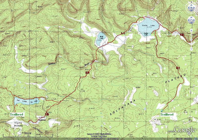 Ice Lake to Grebe Lake Topo Map by GoogleEarth - Yellowstone National Park