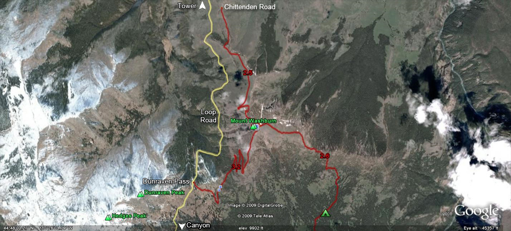 Mount Washburn Trail Map by GoogleEarth - Yellowstone National Park