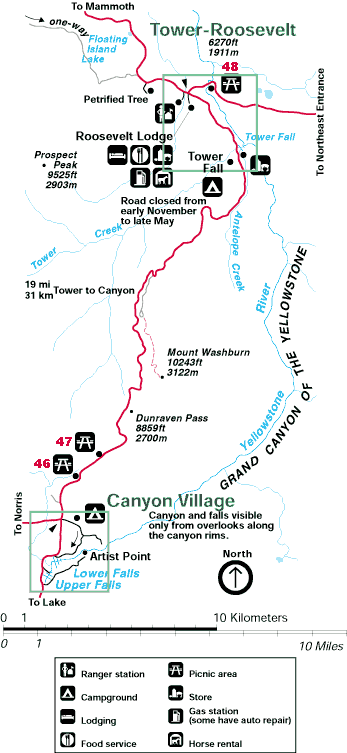 Canyon Village to Tower - Roosevelt Map of Yellowstone National Park - NPS Image