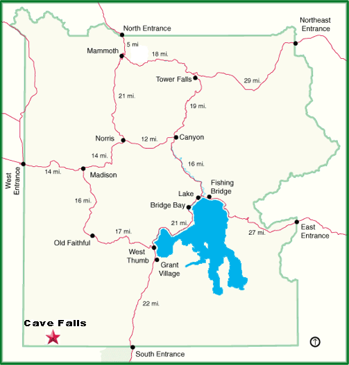 Cave Falls Map of Yellowstone National Park