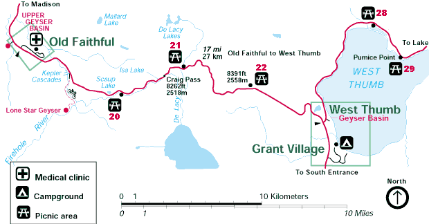 Old Faithful to West Thumb & Grant Village Map of Yellowstone National Park - NPS Image