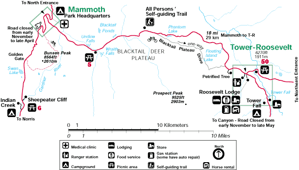 Tower / Roosevelt to Mammoth Map of Yellowstone National Park - NPS Image