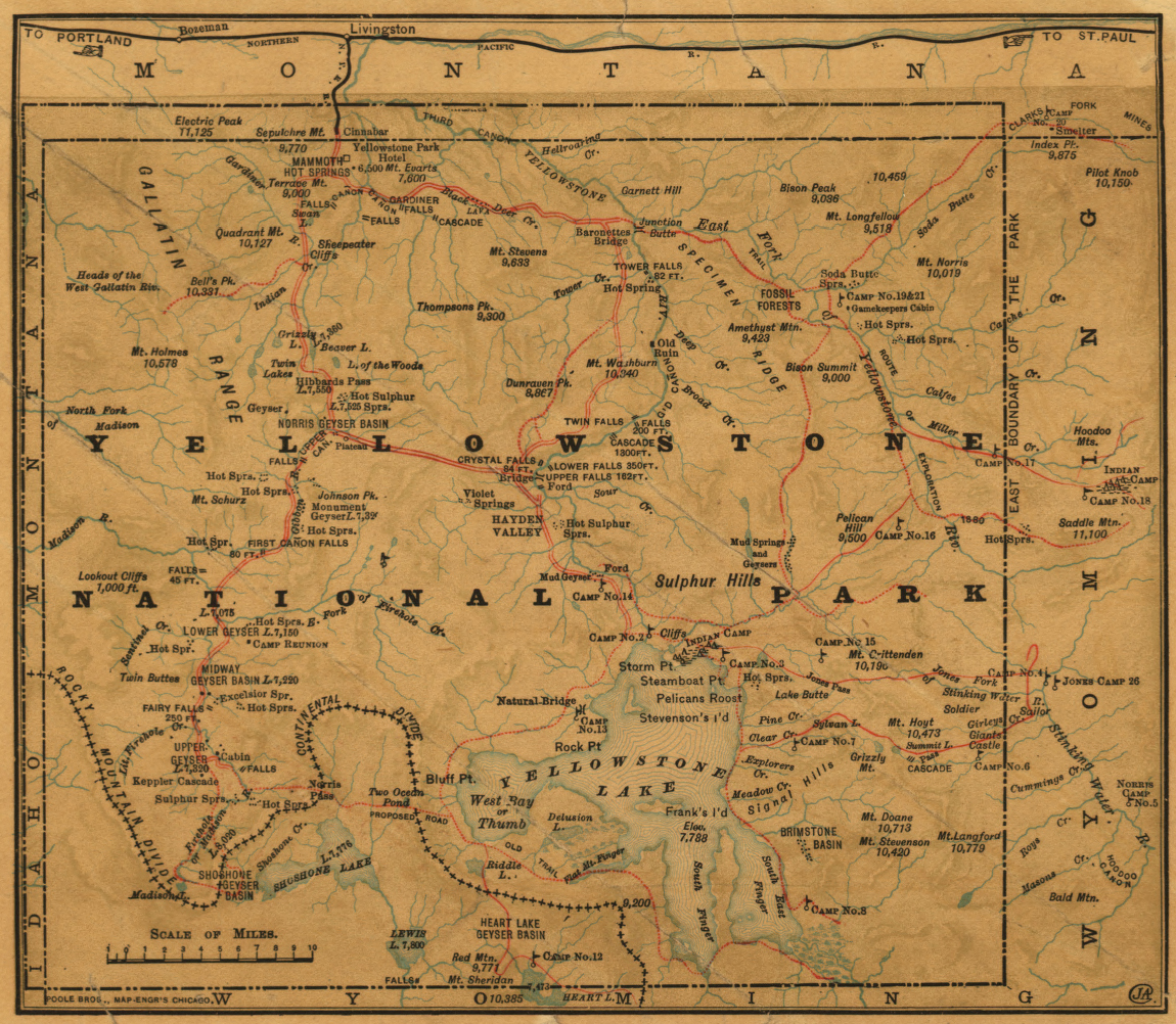 Yellowstone National Park Historical Map by Poole Bros. from the Library of Congress Collection