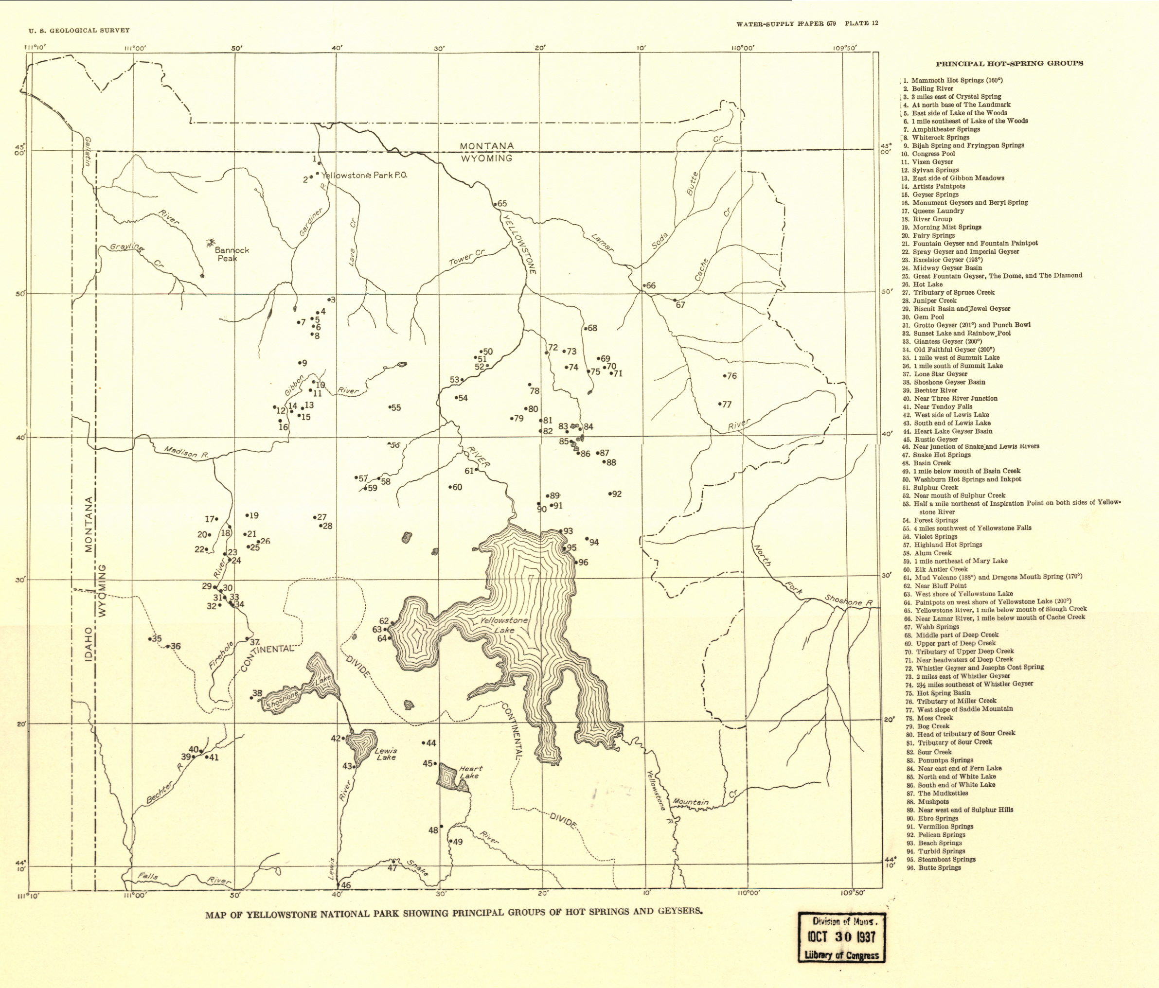 Yellowstone National Park Water Supply Map from the Library of Congress Collection