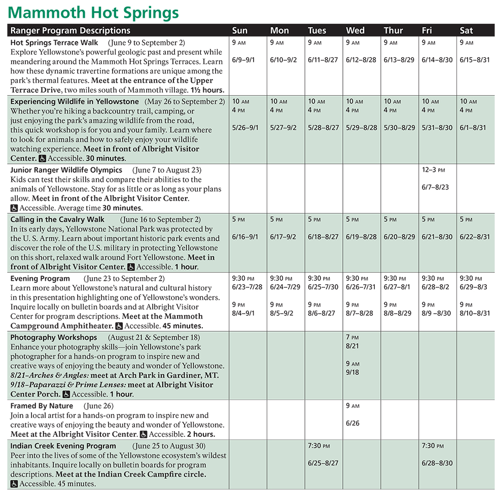 Mammoth Hot Springs Area Spring and Summer Ranger Led Activities